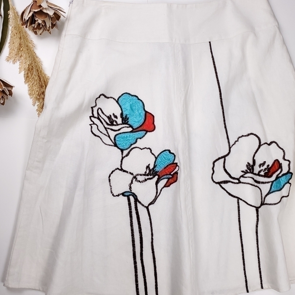 Lilly Stanhope White Floral Embroidered Linen Blend Skirt Sz 10 - Picture 8 of 11